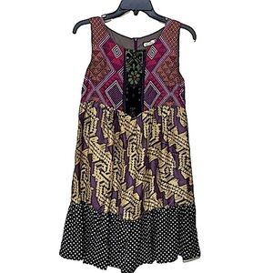 𝅺WHEATLEY Mixed Print Silk Sleeveless Tiered Baby Doll Mini Dress Size XS